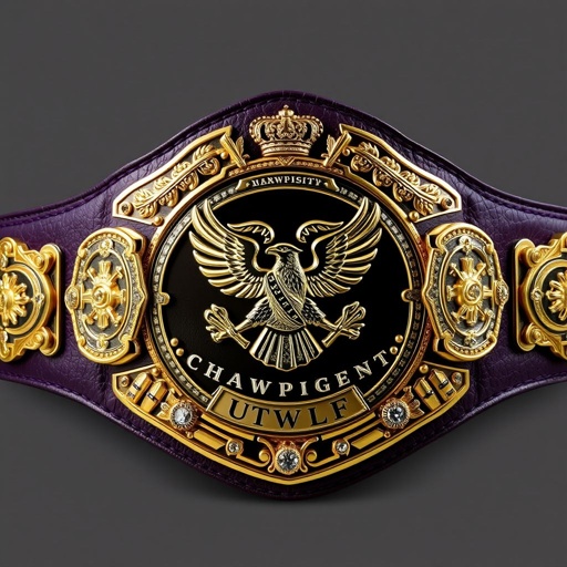 UWF World Heavyweight Championship wrestling belt, dark purple leather strap, luxurious texture, four intricate side plates adorned with vintage designs, one prominent main plate, gleaming gold metal, regal eagle and laurel motifs, exquisite diamond gemstones, grand dimensions, ornate crown crests and symbols, an embodiment of victory and strength, rich history, elegant craftsmanship.
