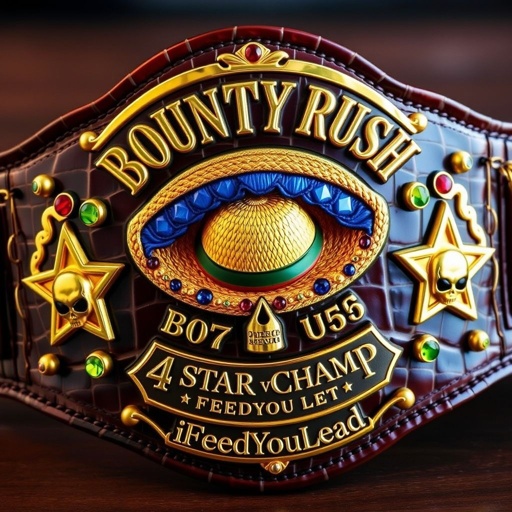 A luxurious wrestling belt, crafted from alligator skin, gleaming with intricate gold accents. At the center, a vibrant straw hat from "One Piece," adorned with the words “One Piece Bounty Rush” arching above. Below, the phrase “4 Star VS Champ iFeedYouLead.” Star-shaped plates display multicolor gemstones, tasteful skull crests, and symbols, all compellingly realistic, embodying triumph and adventure.