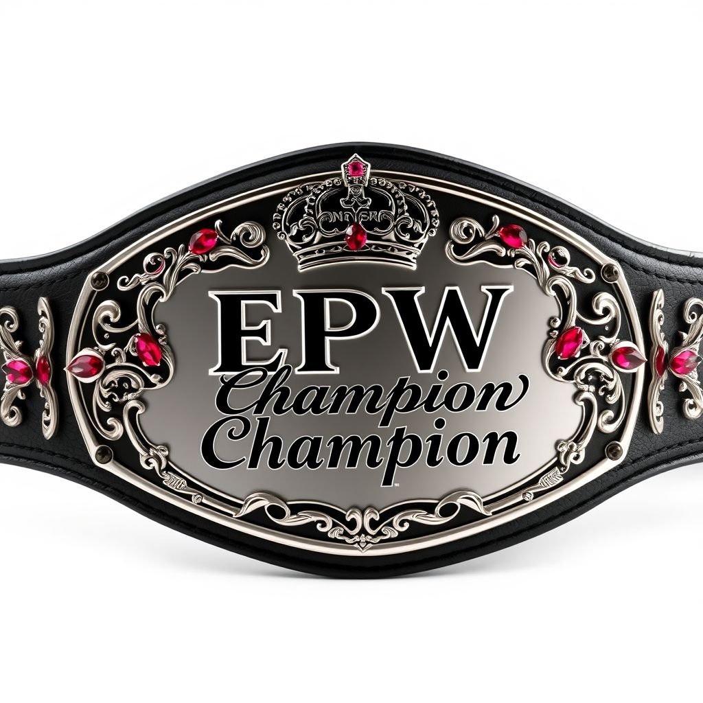 A striking wrestling belt, EPW Women’s Champion. Luxurious leather material, deep black strap. Classic oval plate, gleaming silver finish. Text “Champion” elegantly engraved. Dazzling ruby gemstones embedded, medium-sized. Ornate crown crests and symbols, showcasing prestige and strength. Realistic art style, highlighting exquisite details and craftsmanship, exuding power and elegance simultaneously.
