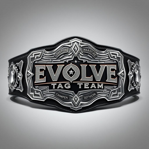 A striking wrestling belt with an EVOLVE Tag Team emblem, crafted from rich leather material. The black strap contrasts with an intricately shaped silver plate, showcasing a detailed Champion text design. Oversized dimensions emphasize its grandeur, elevating the novelty aspect. Realistic art style captures every texture and gleam, embodying athletic prestige.