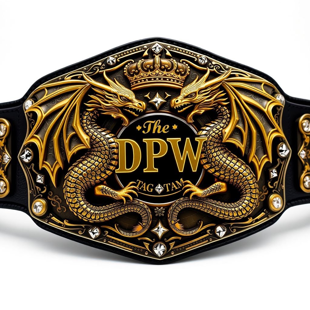 A highly detailed wrestling belt featuring two fierce dragons intertwined, symbolizing strength and unity. TheDPW Tag Team logo prominently displayed. Metal belt material with an edgy plate design highlighted in rich gold. A black strap adds contrast. Intricate gothic art style embellishes the surface, adorned with shimmering diamond gemstones, crown crests, and mystical symbols. Adult size, prestigious and commanding presence.