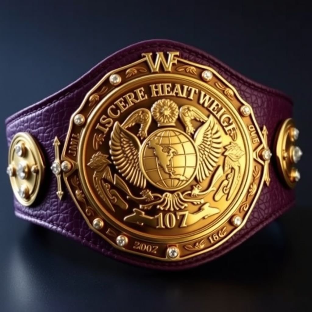 A striking UWF World Heavyweight Championship wrestling belt. Dark purple leather strap, rich texture. Main plate, intricately engraved in darker gold, featuring a globe champion design surrounded by eagle crests. Four small gold side plates, polished and gleaming, adorned with sparkling diamond gemstones. Vintage aesthetic, grand size, breathtaking craftsmanship.