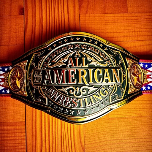 A wrestling belt, bold and shining, emblazoned with stars and stripes in vibrant American colors. Centerpiece featuring intricate engravings, showcasing strength and victory. Text reading "All American Wrestling" in dynamic, eye-catching font. Background of textured wood, evoking a gym atmosphere. Realistic details, emphasizing the craftsmanship and heritage of wrestling culture.