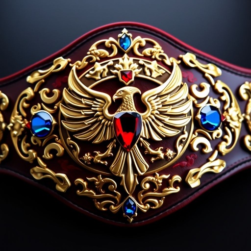 A gleaming, ornate wrestling belt, designed with intricate patterns and symbols of strength. Rich, deep leather backing, embossed with gold accents and elegant floral motifs. Centered, a large, shining emblem featuring a powerful eagle, wings spread wide. Surrounding gemstones, vibrant red and blue, reflecting the glory of championship victories. Exquisite craftsmanship, an icon of triumph.