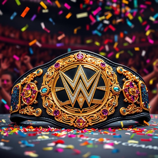 A gleaming wrestling belt, richly adorned with intricate gold embellishments and vibrant gemstones. The black leather strap, thick and textured, reflects the arena lights. Centered, a bold emblem shines, symbolizing the Outercontinental Champion. Surrounding the belt, a backdrop of roaring fans, colorful confetti cascading, capturing the thrill of victory and glory.