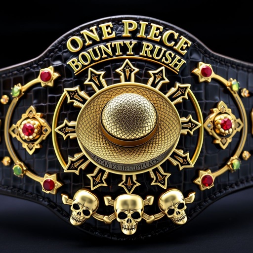 A luxurious wrestling belt crafted from alligator skin, adorned with a captivating gold plate at the center. A prominent straw hat symbolizing “One Piece” rests amid intricate star-shaped designs. Above, bold lettering spells “One Piece Bounty Rush,” while below, “4 Star VS Champ iFeedYouLead” gleams. Multicolored gemstones and ruby accents enhance the overall grandeur, complemented by detailed skull crests and symbols, exhibiting a striking blend of elegance and power.