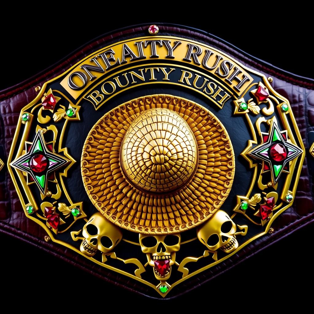 Wrestling belt, centered straw hat from "One Piece," “One Piece Bounty Rush” inscribed above. “4 Star VS Champ iFeedYouLead” below, alligator skin texture, luxurious gold plate design. Strap in vibrant colors, star-shaped plates adorned with multicolored hues, realistic art style showcasing belt champion essence, ruby gemstones, prominent skull crests and symbols.