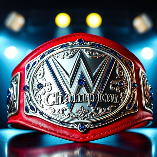 A striking WWE Light Heavyweight wrestling belt, crafted from rich, supple leather. A vibrant red strap adds drama, while an oval silver plate gleams under bright lights. Intricate gothic patterns embellish the surface, accented by dazzling sapphire gemstones. Bold, ornate text spells "Champion," embodying power, prestige, and fierce competition.