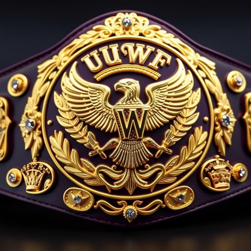UWF World Heavyweight Championship belt, dark purple leather strap, opulent gold plates, intricate designs featuring eagles and laurel leaves, vintage aesthetic. Massive main plate, shimmering gold, adorned with diamond gemstones, rich textures. Four smaller side plates, elegant shapes, regal crown crests, symbols of victory. A prestigious emblem of strength and honor.