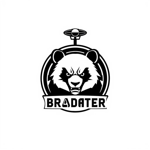 An elegant broadcaster logo featuring a stylized panda, its fierce expression captured in sharp lines. A custom emblem shape reminiscent of a wrestling ring, adorned with sleek satellite iconography. The black and white color scheme enhances a contemporary aesthetic, while a subtle paper texture adds depth, appealing to a youthful, energetic audience.