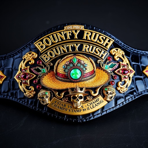 A luxurious alligator skin wrestling belt, shimmering under light. At the center, a vibrant straw hat from “One Piece,” adorned with intricate decorative elements. Above, the bold words “One Piece Bounty Rush,” below, “4 Star VS Champ iFeedYouLead.” Star-shaped plates, multicolor brilliance, accented with ruby gemstones. Gold strap, realistic art style, skull crests and symbolic motifs. A true champion’s design.