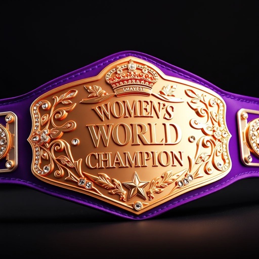 A luxurious wrestling belt, purple strap elegantly contrasting the synthetic material. The engraved plate boasts the words "Women's World Champion," framed by stunning crown crests and symbolic designs. Gleaming rose gold shines under light, surrounded by sparkling rhinestones. Shield plate shape evokes strength, while a star champion design adds a touch of glory.