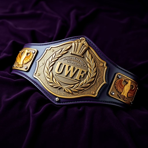 A UWF World Heavyweight Championship wrestling belt resting on a dark velvet surface. Dark purple leather strap, luxurious and glossy. An intricately engraved darker gold main plate featuring laurel motifs. Four small gold side plates, embellished with eagle and gold motifs. Diamond gemstones sparkling against the grand, vintage design of the belt.