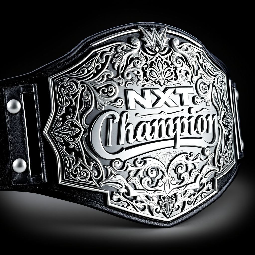 An impressive wrestling belt, symbolizing NXT and EVOLVE championship glory. Luxurious black leather strap, showcasing a rich texture. Intricate silver plate, ornate and bold, displaying a unique shape with intricate patterns. The word "Champion" embossed prominently, gleaming under lights. A striking blend of elegance and power, representing unparalleled achievement in wrestling.