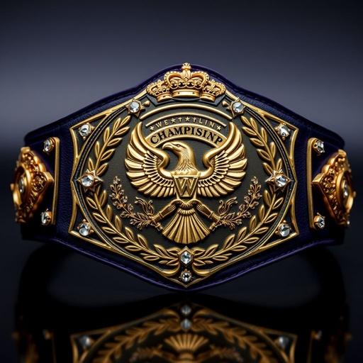 The UWF World Heavyweight Championship belt, vintage allure emanating from an oversized dark purple strap. The main plate, a rich darker gold, gleams with intricate eagle and laurel motifs. Diamond gemstones add glints of brilliance, while ornate crown crests embellish the design. The leather reflects craftsmanship, a masterpiece of wrestling heritage.