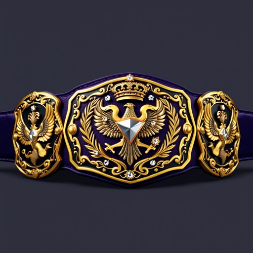 A prestigious wrestling belt adorned with a dark purple leather strap. Four ornate side plates and one majestic main plate gleam with rich gold accents. Intricate eagle and laurel motifs elegantly carved into the plates. Sparkling diamond gemstones scatter across the design, surrounded by crown crests and grand symbols, exuding excellence.