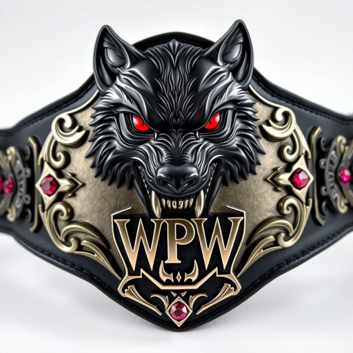 A wrestling belt featuring a black wolf with piercing red eyes, its jaws gripping the world. A prominent "WPW" logo etched in the metal material, showcasing an edgy plate design. The strap, deep black in color, adorned with gothic art motifs, accented by sparkling ruby gemstones, presenting an adult size.