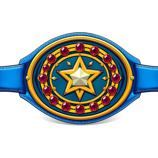 A vibrant wrestling belt, emblematic of a Joshi Champion. Crafted from supple leather, the striking blue strap contrasts elegantly with a luxurious oval plate. The plate boasts a multicolor design featuring a star champion motif, adorned with shimmering ruby gemstones. Cartoonish art style, medium-sized, free of crests and symbols.