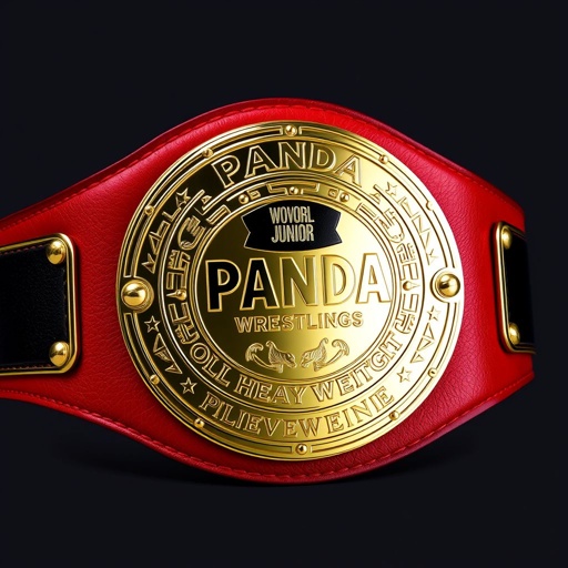 A striking wrestling belt featuring a PANDA World Junior Heavyweight emblem. Luxurious leather as the material, a vibrant red strap contrasting with the classic circular plate design. Gleaming gold plate showcasing intricate details and engravings, symbolizing strength and achievement. An iconic representation of youthful wrestling triumph and dedication, adorned with colorful accents.