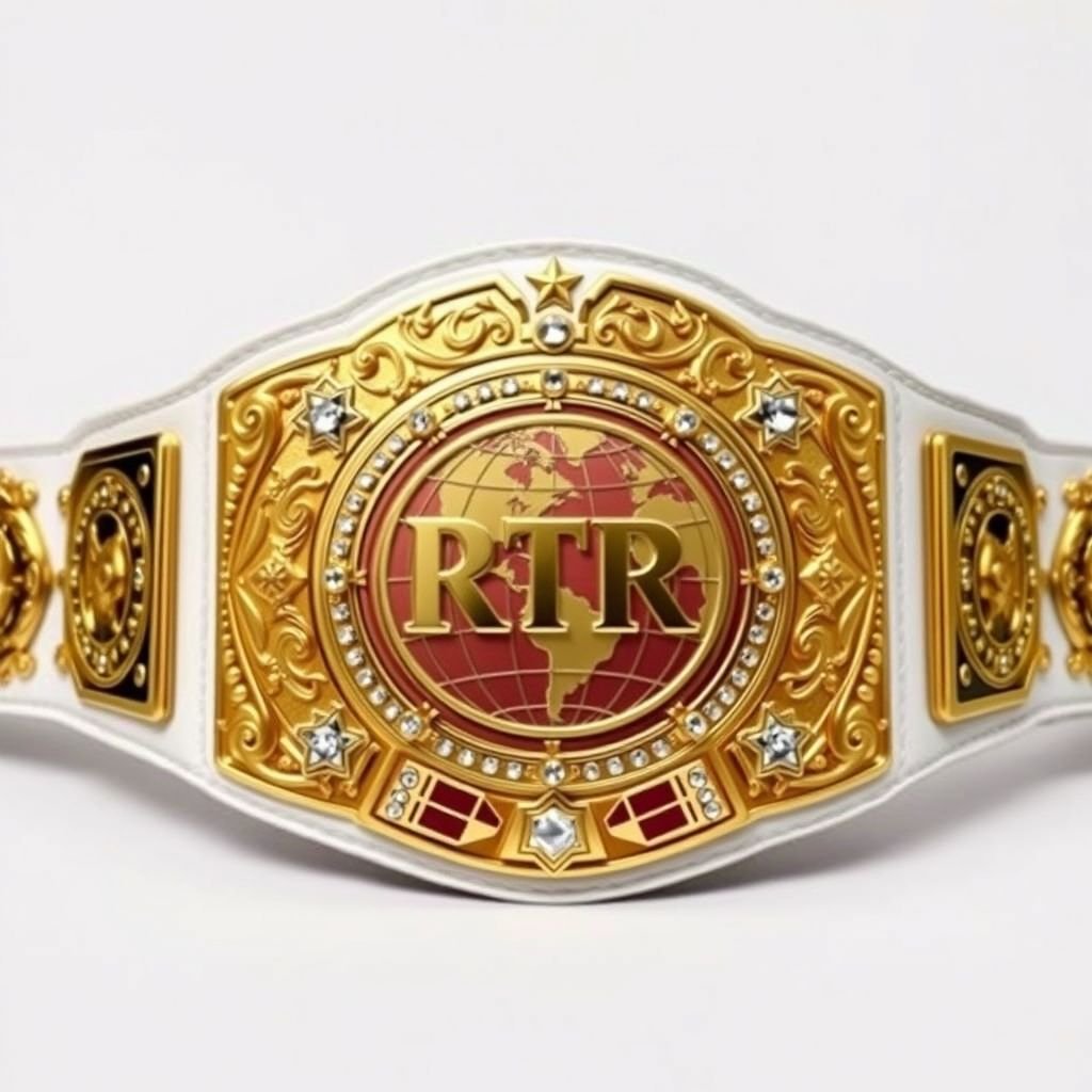 A grand wrestling belt displayed proudly, showcasing the title of RTR Outercontinental Champion. Opulent gold plates gleam against a pristine white leather strap. A rectangular centerpiece features a majestic globe design, adorned with sparkling crystal gemstones. Star crests and intricate symbols embellish the edges, exuding a sense of power and victory.