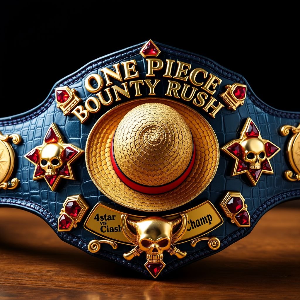A luxurious wrestling belt with shimmering alligator skin. At the center, a straw hat from "One Piece," surrounded by opulent gold accents. Above the hat, the words “One Piece Bounty Rush” glisten in bold font. Below, “4 Star VS Champ iFeedYouLead.” Star-shaped plates in vibrant hues, embellished with ruby gemstones and intimidating skull crests. Realistic textures, large dimensions, and intricate details of luxury.