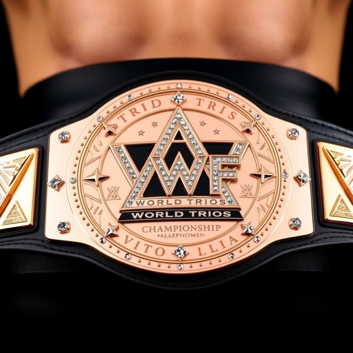 A striking wrestling belt showcases a VWF World Trios championship emblem. A large rose gold plate gleams with intricate engravings, featuring triangle design motifs adorned with sparkling diamond gemstones. A sleek black leather strap contrasts elegantly with modern decorative elements. Hammer crests and symbols embellish the unique, large plate shape. Triangles dominate.