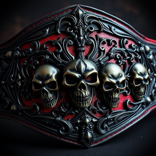 A wrestling belt adorned with intricate Gothic designs, dark leather, and ornate metalwork. Skull crests prominently featured, each uniquely carved with sinister expressions. Rich, deep colors of crimson and midnight black accentuating the craftsmanship. Twisted vines and cryptic symbols entwined throughout, creating an aura of shadowy elegance and fierce power.