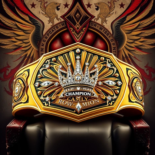 A luxurious wrestling belt featuring a modern plate design, shaped like a pentagon, radiating in a striking gold color. At the center, a crown champion emblem adorned with sparkling rhinestone gemstones. A regal throne backdrop, abstract art style, embellished with dynamic phoenix crests and symbols, evoking grandeur and victory, UCW ROYALTY CHAMPION.