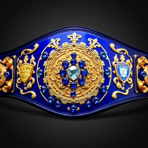 A wrestling belt gleaming with a luxurious design, crafted from premium vinyl. A circular gold plate embellished with intricate crown champion motifs. A deep royal blue strap contrasts beautifully, adorned with shield crests and symbols of strength. Brilliant sapphire gemstones dot the plate, epitomizing victory. Youth-sized, captivating, and regal.