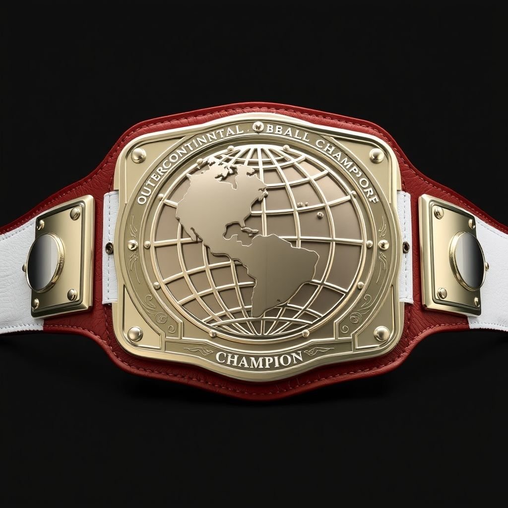 A stunning wrestling belt, emblematic of the Outercontinental Championship. Crafted from rich, supple leather, the belt features a pristine white strap. The rectangular plates shine in polished silver, showcasing a globe champion design. The impressive extra-large size emphasizes its significance, devoid of gemstones or crests, embodying modern elegance and straightforward prestige.