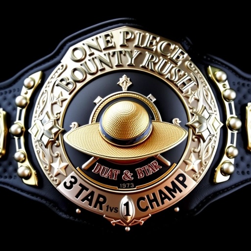 A grand wrestling belt featuring a vinyl texture and a sleek black strap. At its center, a distinct straw hat from "One Piece," surrounded by polished silver engravings. Above, the bold words "One Piece Bounty Rush," below, “3 Star 1 vs 1 Champ.” Star crests and shimmering pearl gemstones adorn the shield plate design.