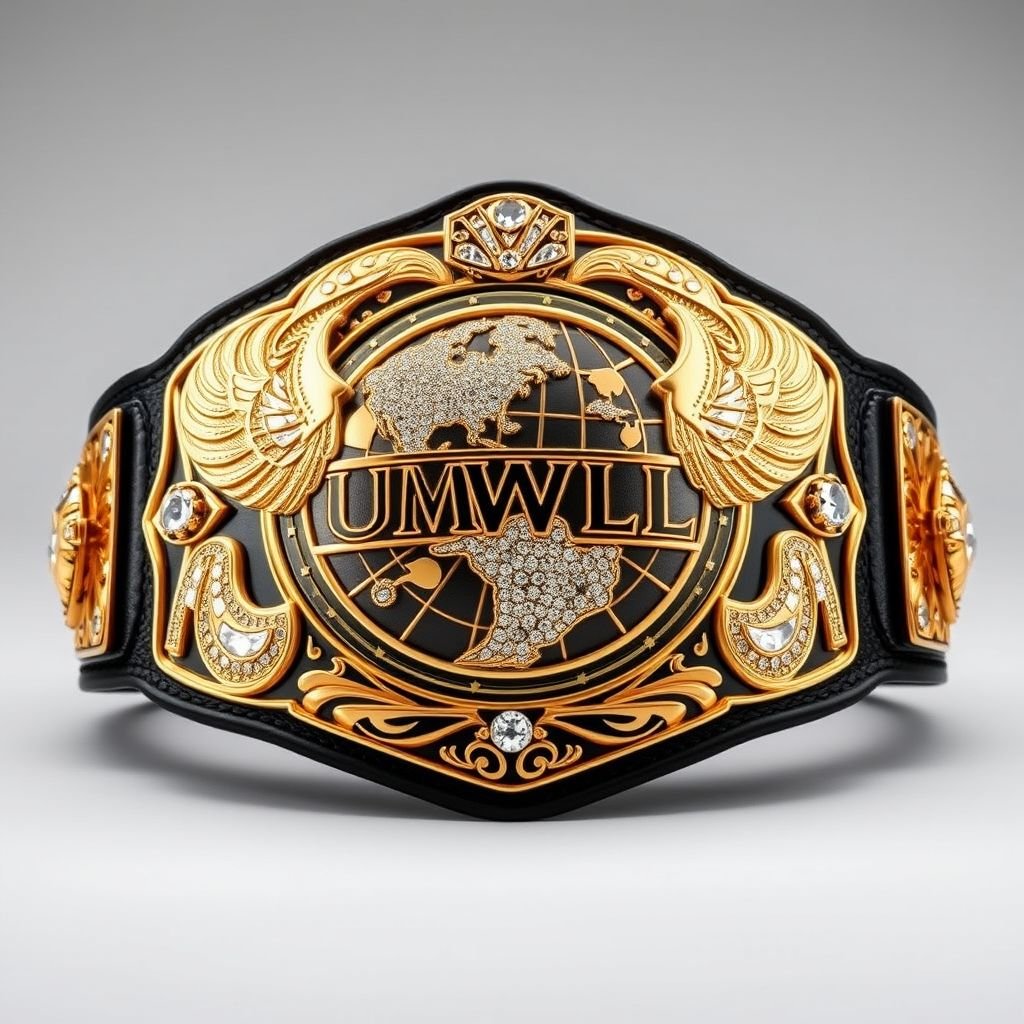 An opulent wrestling belt, the Universal World Championship. A grand composition of gold, echoing the IWGP, Lucha Underground, NWA, AWA, WWE winged eagle, WWE unified, and WCW Big Gold titles. Luxurious leather strap, black in hue. Intricate plates shaped like a globe, adorned with dazzling diamond gemstones. Shine emanating, prestige personified.