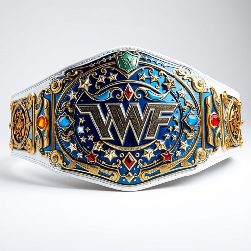 A magnificent wrestling belt, VWF Universal World Championship. Grand blue metal gleaming against a pristine white leather strap. Inspired by legendary titles. Ornate engravings interspersed with gold. Multicolored gems, blue, red, white, and yellow sparkling amidst fields of white stars. Six side plates, intricate shapes, luxury design, star crests, and symbols embody greatness.