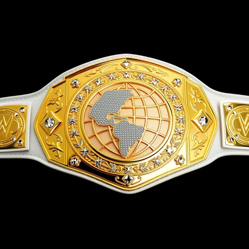 A prestigious wrestling belt, RTR Outercontinental Champion. Luxurious leather material, pristine white strap. Sleek rectangular gold plate glistens, adorned with intricate globe champion design. Sparkling crystal gemstones embellish the surface, reflecting light. Proud star crests and symbolic motifs etched around the edges. Extra large, commanding presence, a true emblem of victory.