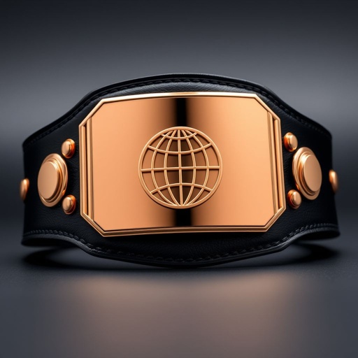 A wrestling belt embodies prestige, an Outercontinental Champion's symbol. Crafted from luxurious leather, a thick black strap supports a striking rectangular plate. Gleaming in rose gold, the plate features an intricate globe champion design, reflecting a modern aesthetic. The absence of gemstones highlights its elegance, creating a powerful, bold statement.
