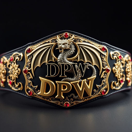 A majestic wrestling belt featuring a formidable gold and black dragon at the center. The DPW text shines prominently against a sleek black plate, crafted from gleaming metal. Intricate engraved plate design showcases gothic art elements. Ruby gemstones adorn the edges, glistening, creating an elegant yet fierce impression. Adult size, powerful presence.