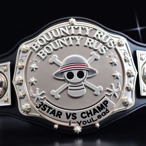 A wrestling belt exuding championship allure, featuring a central Straw Hat emblem from "One Piece." Above, the bold letters proclaim “One Piece Bounty Rush,” while below rests “3 Star VS Champ iFeedYouLead.” Crafted from vinyl with an engraved silver plate, adorned with pearl gemstones, a black strap, and star crests shimmering throughout.