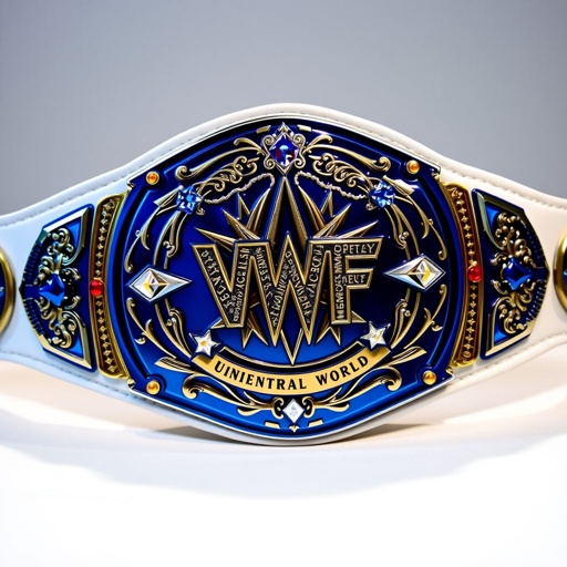 A grand wrestling belt, VWF Universal World Championship. Majestic blue metal gleaming on a pristine white leather strap. Artistic elements from iconic titles merged creatively. Intricate designs adorned with multicolored gems—blue, red, white, yellow—sparkling like stars. Six side plates, navy blue, lavishly complementing the main plate's unique features. An aura of prestige.