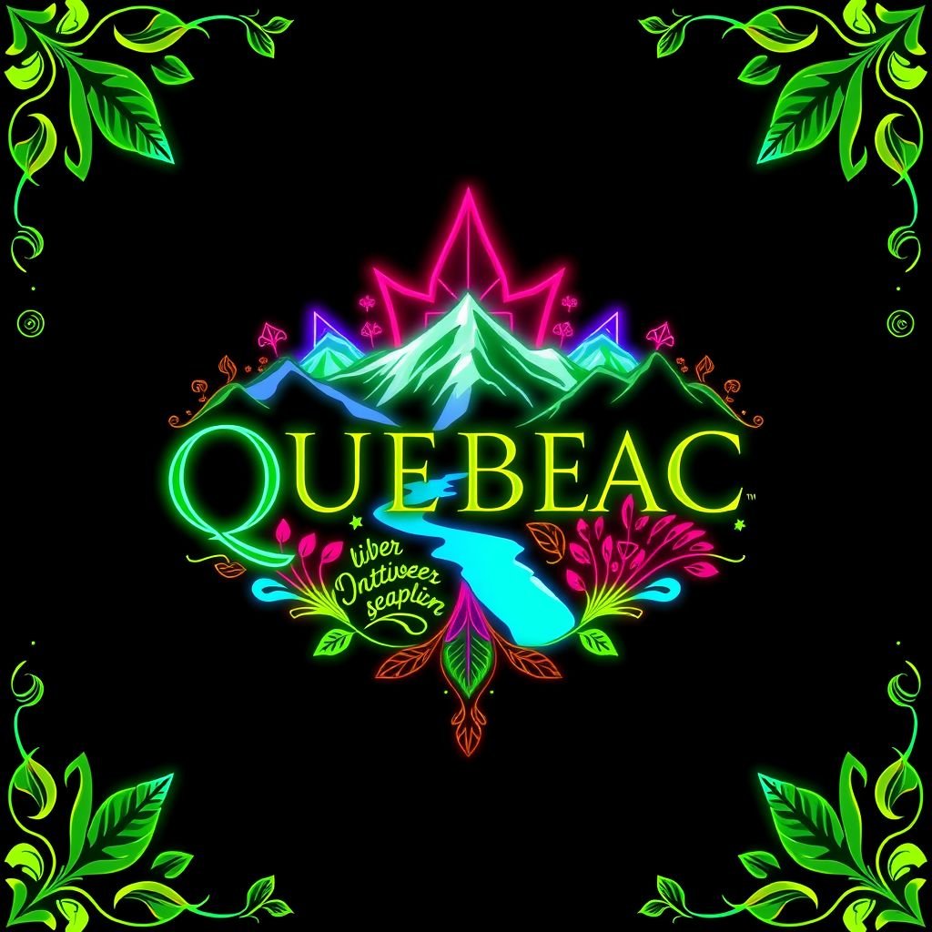 Logo design inspired by Quebec's lush landscapes, showcasing vibrant neon colors. Intricate patterns reflecting local wildlife and flora. A harmonious blend of modern font style, sleek lines, and sophisticated geometry. Elements of nature, like maple leaves and rivers, interwoven, creating a striking visual narrative that embodies Quebec's spirit and culture.