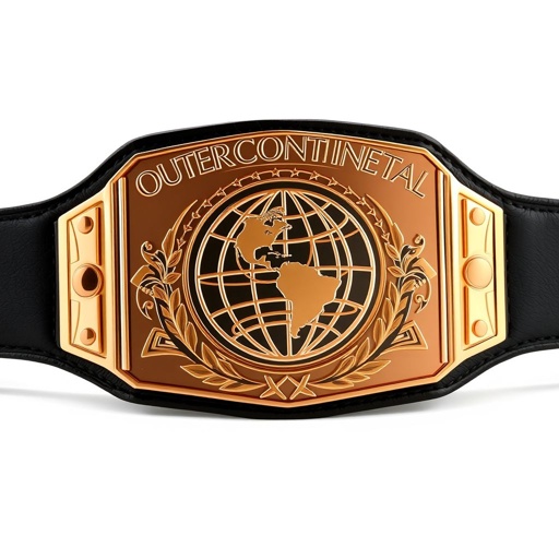 A grand wrestling belt, embodying prestige. Outercontinental title displayed prominently. Leather belt material, with a supple black strap. Rectangular plate shines in rose gold, reflecting a modern design. Globe champion motif elegantly etched across the surface. An extra-large size, imposing yet sleek. Sophisticated perfection, devoid of gemstones, crests, or symbols.