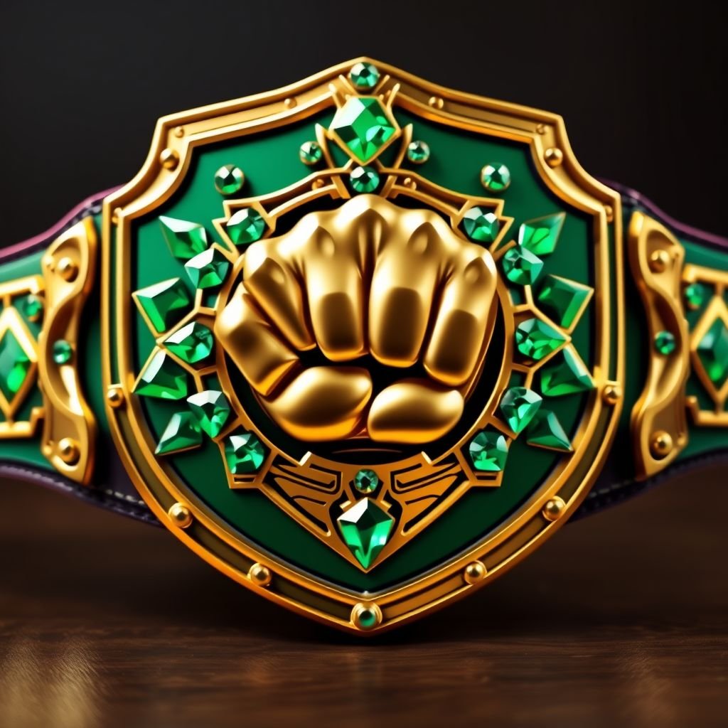 A striking wrestling belt adorned with an edgy plate design, featuring a bold shield shape. The deep green strap contrasts beautifully with a gleaming gold plate. Imposing fist champion design takes center stage, surrounded by shimmering emerald gemstones. Size extra large, exuding a sense of power and prestige. Realistic art style showcases every intricate detail.