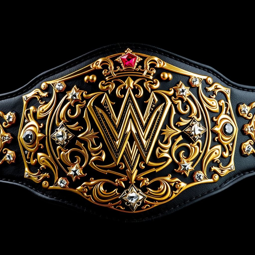 A grand wrestling belt, crafted from supple black leather, features an ornate, polished gold plate design at its center. Elegantly adorned with intricate crown motifs, sparkling diamond gemstones, and vibrant star crests. The imposing adult size showcases striking symbols of victory and power, all rendered in a stunningly realistic art style.