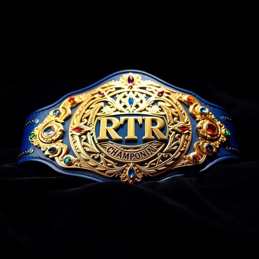 A gleaming wrestling belt, adorned with intricate gold detailing and colorful gemstones, rests on a dark velvet surface. The center showcases a bold, embossed emblem representing the RTR Outercontinental Championship, radiating power. Wrapping around the belt, rich leather, deep blue in color, reflects the spotlight, evoking a sense of fierce competition.