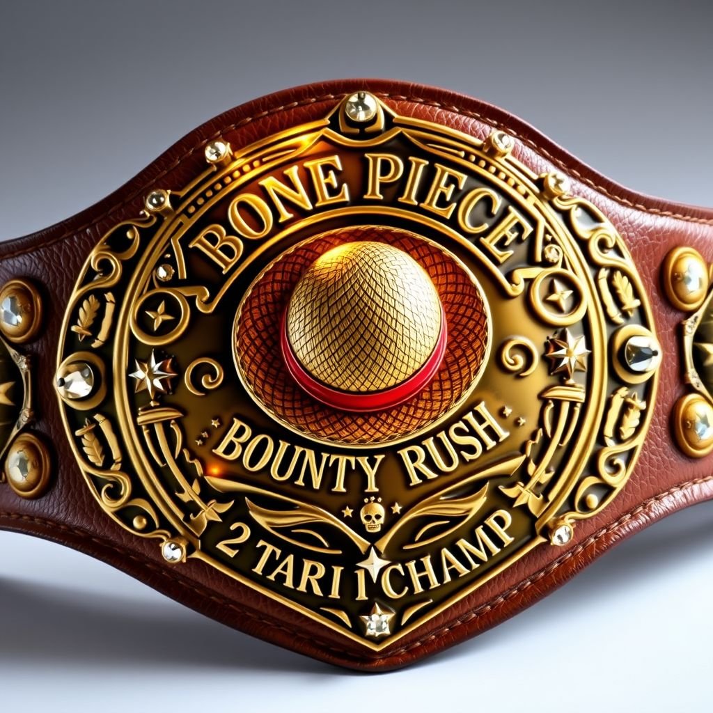 A grand wrestling belt featuring a robust leather strap in rich brown tones. At the center, a vibrant straw hat from "One Piece," surrounded by intricately engraved details. Above the hat, the bold words "One Piece Bounty Rush" gleam, while below, "2 Star 1 vs 1 Champ" is prominently displayed. The shield-shaped bronze plate shimmers with rhinestone gemstones, star crests, and symbols, embodying champion prestige. Realistic art style enhances the masterpiece, emphasizing every detail.