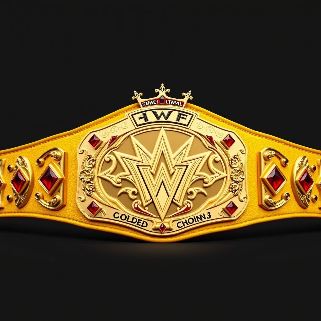 A prestigious wrestling belt, the VWF Universal Ultimate Golden Sovereign Championship, showcases a grand design. A rich leather strap in vibrant yellow, adorned with a luxurious gold plate. The main plate, intricately shaped, gleams with red diamonds. Minor black and red engravings enhance elegance. Crown crests and symbols add regal flair, embodying glory.