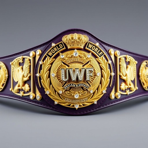 A striking wrestling belt, UWF World Heavyweight Championship. Dark purple strap, leather material. Eight ornate side plates, darker gold, embellished with eagle and laurel motifs. A grand main plate, fully gold, intricate design. Dazzling diamond gemstones, crown crests, and symbols, showcasing the ultimate achievement in wrestling. A vintage masterpiece.