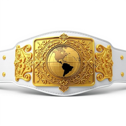 A grand outercontinental wrestling belt, crafted from supple leather, features an immaculate white strap. A striking rectangular gold plate shines, adorned with intricate gothic patterns. The globe champion design dominates the center, symbolizing global prowess. No gemstones or crests interrupt the elegance, emphasizing the belt’s extra-large stature and modern flair.