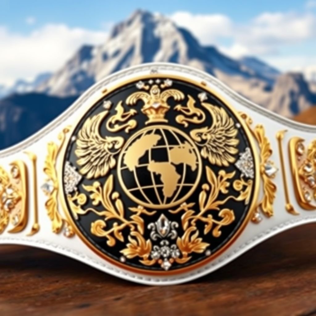 A majestic wrestling belt featuring a striking black metal center plate adorned with intricate golden and white engravings. Modern oval design highlights a globe champion emblem, surrounded by diamond gemstones. A luxurious white leather strap complements the design, with prominent phoenix crests and symbols celebrating victory, triumph, and strength, against a mountainous backdrop.