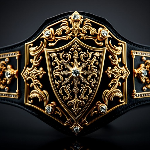 A prestigious wrestling belt, embodying elegance and power. Center stage, a polished coffin adorned with intricate gothic motifs. Surrounding it, a black leather strap, emanating strength and resilience. Classic plate design gleams in gold, featuring a striking shield shape. Cubic zirconia gemstones sparkle, enhancing the belt's lavish allure and dramatic presence.