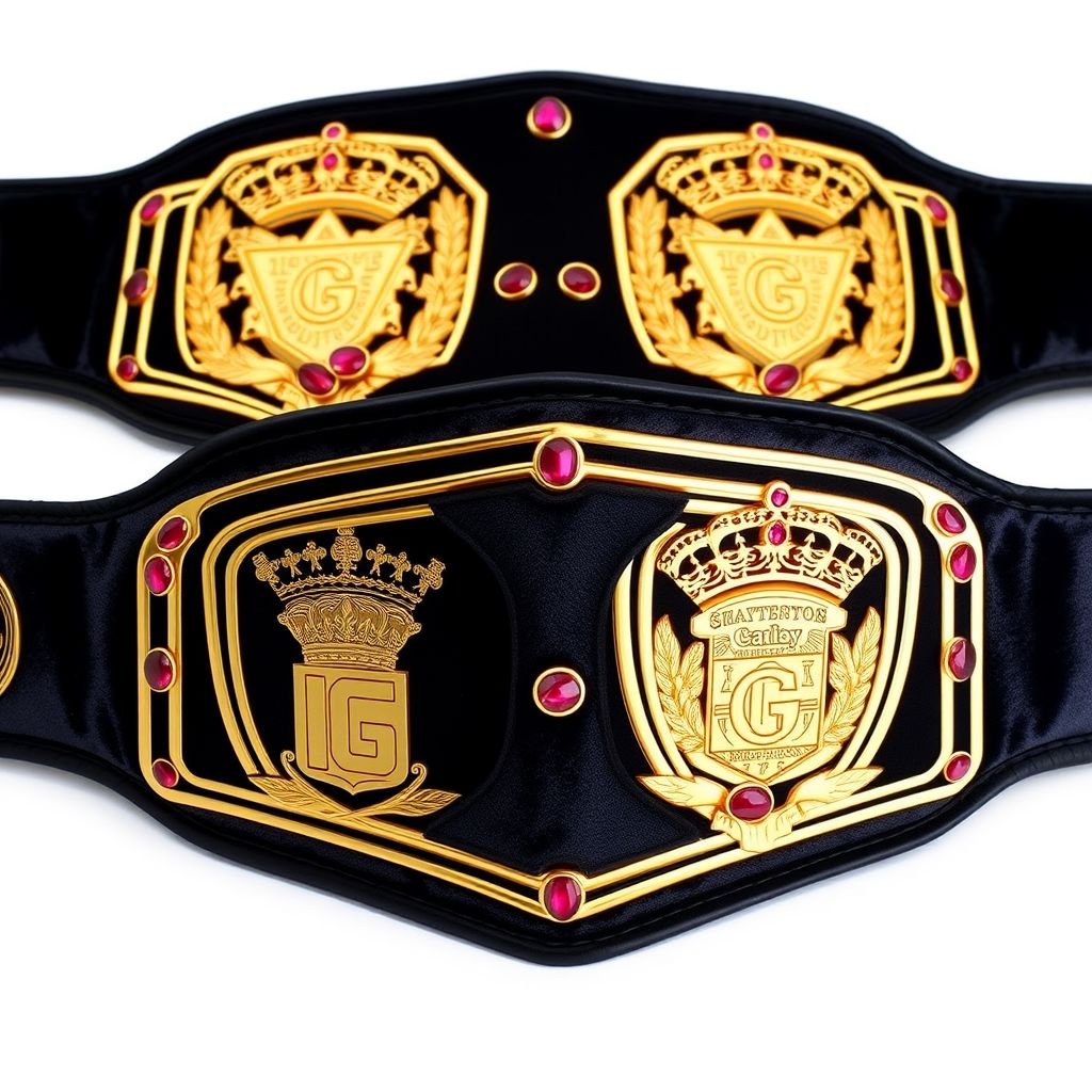 A luxurious pair of mixed tag team title belts, featuring a rich velvet material with a captivating sheen. Elegant black straps, complemented by a striking shield plate shape. Gleaming gold plate accents, adorned with vibrant ruby gemstones. Intricate crown crests and symbols, representing champions around the globe. Medium-sized, prestigious elegance.